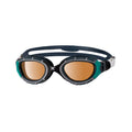 Zoggs Adult Unisex Predator Flex Polarized Ultra Anti-Fog No-Glare UV Copper Tint Lens Quick-Adjust Swimming Goggles, 461046, Black/Green, Small Fit